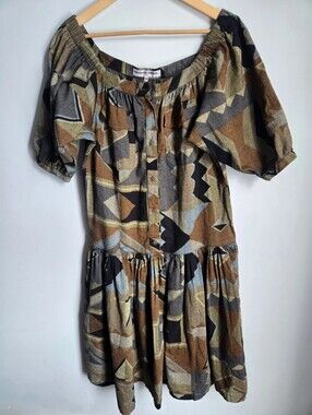 GERARD DATEL PARIS Geo Print Button-Front Peasant Dress in Brown & Olive